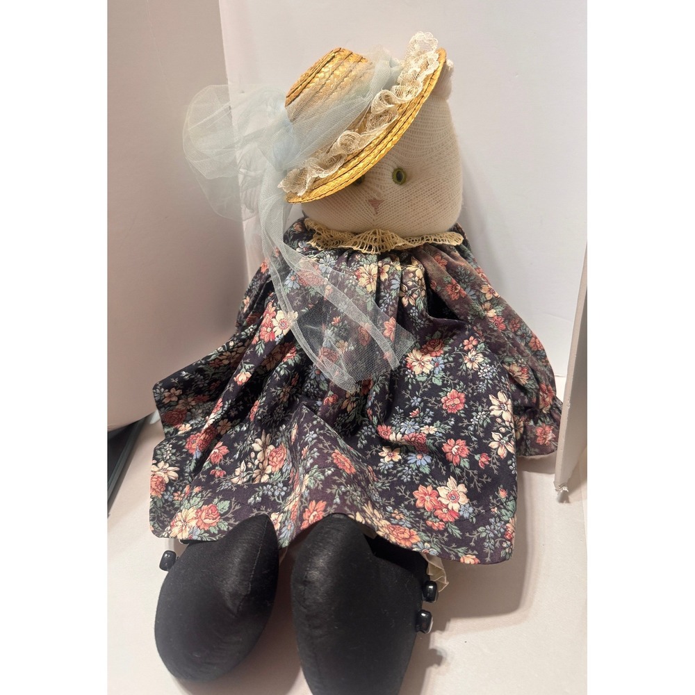 Vintage 1990 Alley Kitty Cat Fabric Doll Cottagecore Floral Dress Straw Hat 16"